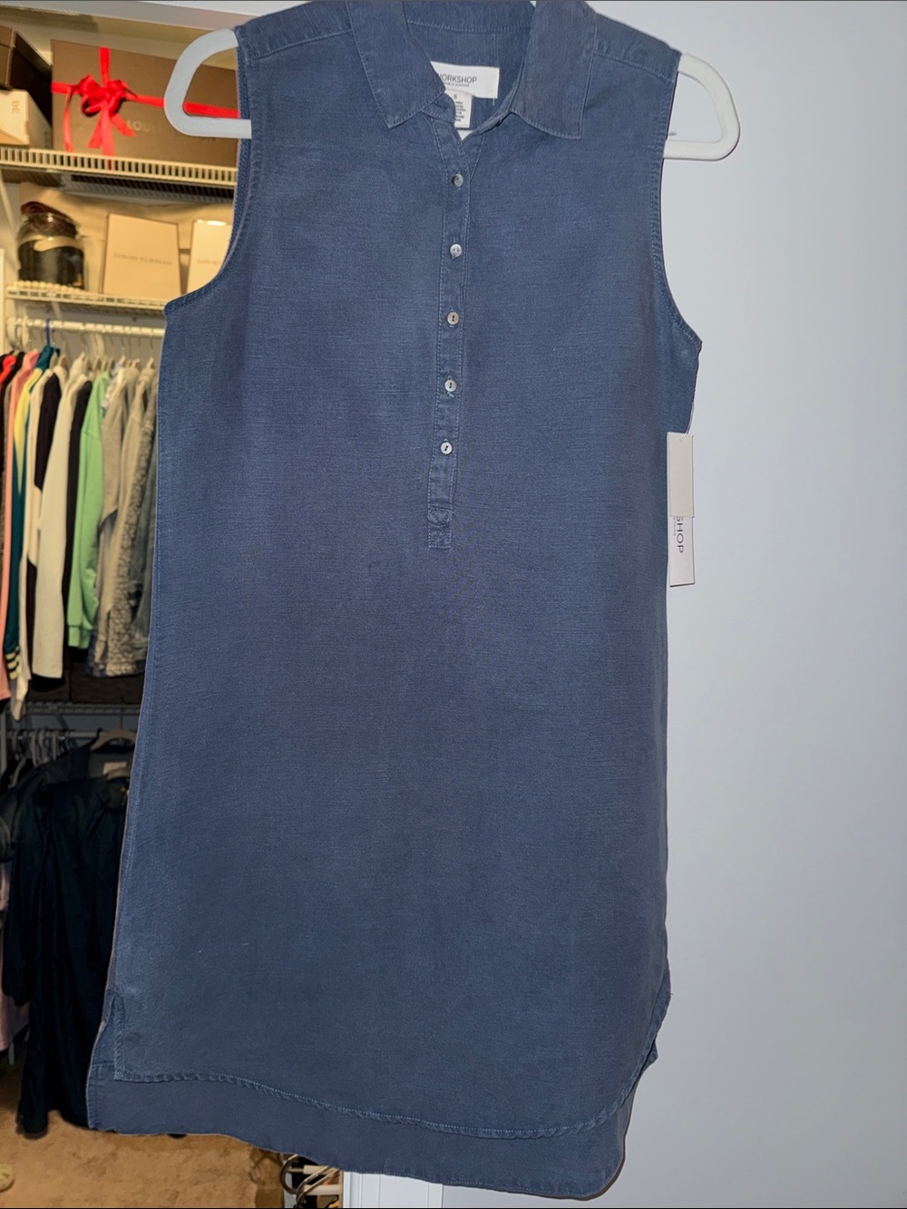 NEW-Workshop Republic Clothing Sleeveless Midi Shirt Dress in Blue Linen